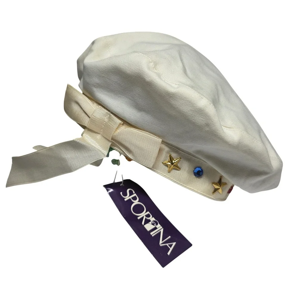 Vintage Sportina‎ White Cotton Beret Hat Star Studs Rhinestone Bow Celestial NWT